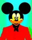 Placeholder: digital artwork featuring an anthropomorphic character resembling Mickey centered in the frame and facing forward. The character has a classic Mickey Mouse head with large, round black ears, a smooth black face with a vibrant orange-yellow cheek, large shiny white eyes with black pupils, and a prominent black nose. The character's expression is a friendly smile, but the overall mood is dark and intense. It wears a sleek, glossy crimson red suit jacket with two visible buttons, a well-fitted brea