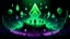 Placeholder: green triangle far away in center emitting purple dim light, pitch black background, withe little demons and ghosts in background