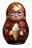 Placeholder: draw a Russian matryoshka doll in the style of Khokhloma, the matryoshka is smiling, the matryoshka has a icecream in her hands, a frontal angle, a picture on a white background, the matryoshka is drawn entirely, a highly detailed 3d picture