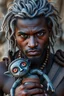 Placeholder: beautiful black skin warrior man gray hair holding a voodoo gray doll with big eyes