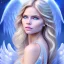 Placeholder: portrait of a beautiful woman with an angel face smiling,long blond hair, blue eyes, pink and blue dress, jewels, soft light aura