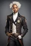 Placeholder: young and handsome mulatto man with wavy short white hair, dressed in steampunk style naval uniform