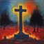 Placeholder: Graveyard on fire, celtic cross gravestones, deconstructed angel of death silhouette: deconstructed color field oil painting in the styles of Mark Rothko, sloppy brushstrokes,