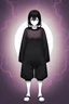 Placeholder: Girl, portrait, beautiful, dramatic lightning, volumetric light, face, 160cm, black hair, hair with purple highlights, pale skin, bright green eyes, bruising under the eyes, big baggy black t-shirt, shorts, depressed, outside, full body