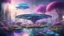 Placeholder: one very large big spaceship iridescent ufo, ethereal flowered garden, colorful futuristic city