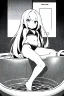 Placeholder: bikini long hair thin girl with leg in abyss pool, greyscale, tiny pose, screen tones