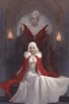 Placeholder: Beautiful white haired Vampire queen on her throne, drawing. Wearing a red cloak with a fur collar