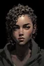 Placeholder: Portrait of a young female with short curly hair. Include a short black horn on her forehead, and make it distinctive. include gray eyes, with a dark tanned skin complexion. Draw the portrait in the style of Yoji Shinkawa.