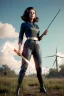 Placeholder: retro portrait image from 1960, explosion background, wind, long hair, young Scarlett Johansson, classic black tight lycra suit, metal stick weapon, gold bracelet and belt, high heel boots, soft color, highly detailed, unreal engine 5, ray tracing, RTX, lumen lighting, ultra detail, volumetric lighting, 3d, finely drawn, high definition, high resolution.