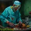 Placeholder: hauntingly visceral matte oil painting featuring a sinister zombie doctor dressed in stained surgical scrubs doing surgery. The doctor, adorned with facial sores, and a chilling open mouth expression. The scene is bathed in eerie, grainy colors, with a macabre atmosphere. The composition is dynamic, with complex contrast and a sinisterness that invites both fascination and unease, style by Grant Morrison and Kelley Jones