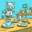 Placeholder: Very funny cartoon of a robot looking at a table filled with cups of tea