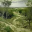 Placeholder: An olive green wasteland near an abandoned plague town painted by Claude Monet