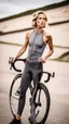 Placeholder: photography of a beautiful anorexic woman, grey satin triathlon top, sports illustrated, blond short wavy bob haircut, pronounced sternum, flat chest, anthracite cycling leggins