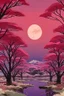 Placeholder: a land scape of Japanese garden, big red moon, red light, black sky, starlight night , surrounded by cherry blossom trees, cel shading