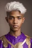 Placeholder: A sixteen-year-old boy, mulatto, white straight hair and blue eyes, dressed in a purple and gold tunic.