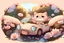 Placeholder: a cute proud chibi fluffy beige cat driving a car made of flower buds: roses, forget-me-nots, hydrangeaes on a cobblestone road in a forest next to a pond in sunshine