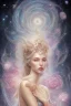 Placeholder: Create an image of a full body cosmic Goddess. The goddess should be depicted as a beautiful and powerful figure, surrounded by cosmic stars. Her hair should be long, blond and flowing, and she should be dressed in a flowing gown blue celestial robe. In the background, include imagery of pink flowers, blue sky,trees. The image should evoke a sense of joy, celebration, and spiritual connection to nature.