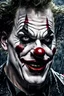 Placeholder: ultra detailed and highly realistic image of a gothic, scary clown, close up of him standing in the rain, the rain messed up his face makeup as it smudged of his face, chaotic, dramatic upclose view, 32k, splatter paint style