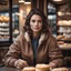 Placeholder: Realistic woman, soft athletic build, Caucasian, Paris bakery, sitting at table inside, cozy jacket, looking at camera, dark brown hair