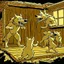 Placeholder: A group of anthropomorphic wolves react in surprise as a large hammer slams into an wooden house wall. one young anthropomorphic wolf's figure in bodyhair positioned in the foreground with empty paws, in the background, other anthropomorphic wolves watch the scene unfold with expressions of shock and with surprise faces. high realistic, detailed, sci-fi, digital art, dark fantasy mood, rain, deep colors, sharp lines, cinematic