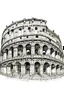 Placeholder: A fine line sketch drawing of the coliseum from Rome with very clean realistic details in a circle