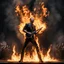 Placeholder: photoreal 2/3 portrait of till Lindeman singing in Rammstein Concert performing Feuer Frei, flamethrowers, microphone stand on fire, elaborate fire pyrotechnics, photorealistic, dramatic, cinematic, kinetic, concept art photorealism, fire effects, columns of flame, bursting fire