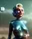 Placeholder: Ultra Realistic retro sci-fi 1960 scene, waist up view portrait, blonde woman, sweet young Marilyn Monroe face, perfect iris, tight latex coat, alien planet background, tight style, steel sphere dron levitating, fog, rain, soft color, highly detailed, unreal engine 5, ray tracing, RTX, lumen lighting, ultra detail, volumetric lighting, 3d, finely drawn, high definition, high resolution.