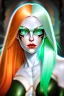 Placeholder: fantasy setting, woman with orange and white hair, white hair, green eyes