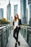 Placeholder: Full-body shot of a young, beautiful German girl with a perfect face and makeup, standing in a modern cityscape with skyscrapers.