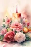 Placeholder: MAGIC A PYRAMID CANDLE IS BURNING AROUND WONDERFUL FLOWERS English watercolor, Smoky cream, pale gray, pale pink, pink background. bright light, a bouquet of roses on the table are pale pink, pale bordeaux, white, ochre. green stems, the light is translucent. Watercolor, fine ink drawing,