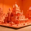 Placeholder: A light rosy orange colored desert with a mechanical palace painted by Andy Warhol