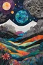 Placeholder: abstract paper collage overlayed with Zentangle patterns that depicts the vastly diverse landscape of Nature beneath an ethereal, cosmic night sky, highly detailed, vibrant natural color, with bold ink outlining