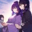 Placeholder: Clear focus, High resolution, Rough line, dark purple hair, one side has long wavy locks while the other does not, purple eyes with pink at the bottom, light purple shirt, sleeve_1-short sleeved, sleeve_2-long sleeve, sleeve_2 has black long sleeve under sleeve_2, wearing a kimono with a red obi belt, wearing a light purple short skirt and long black socks, and red sandles