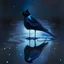 Placeholder: a black wagtail bird with long piek and long legs standing on puddle, reflection, dark blue glowing light, fantasy, magic, dark, stars, sparkle