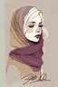 Placeholder: A simple drawing, a girl, blonde, wearing a hijab, signed with the name Bella, wine colours