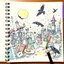 Placeholder: rich color pencil hand doodle sketch on a spiral binded notebook page, chaotic psychedelic cemetery scene with wacky skeletons and crows in the style of Kenny Sharfe and Seven Harrington, maximalism