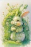 Placeholder: a cheerful cute furry fluffy chibi bunny holding a beautiful big carrot with the green on the green field with flowers S<AI by Jean-Baptiste Monge, watercolor and ink, intricate details, fantasy, beautiful, award winning, colorful, fantastic view, crisp quality, in sunshine