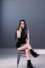 Placeholder: Billie Eilish, sitting on a chair, Black Short Dress, high detail, realistic, 8k