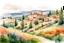 Placeholder: watercolor ,landscape, many colors, detailed, colorize, white background a hills, Tuscan villa on rolling hills, surrounded by green cypress trees and blooming fields. Infuse the scene with sunlight, conveying a cozy and tranquil atmosphere. a white background 9:11