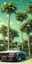 Placeholder: 1980's aesthetic vaporwave palm trees with spheres and car