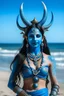 Placeholder: A photo of a blue skin Hindu goddess with painted blue face and body skin, wavy black hair deer antler horns, standing on a sunny beach