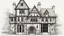 Placeholder: A detailed ink illustration of a front elevation of a Tudor fantasy house, with tall chimneys and roofs.
