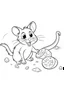 Placeholder: a cartoon of a cat chasing after a mouse with cheese. no color. thin crisp line. no shading. coloring book.kids