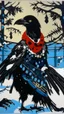 Placeholder: A contemporary serigraphy painting by Matisse of a human-like and happy crow adorned in a punk leather jacket within a snowy Christmas atmosphere.