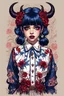 Placeholder: wears a smart shirt which is embroidered with bluered flowers and ornaments, has dark eyes and horns,Poster in two gradually, a one side malevolent goth vampire girl face and other side the Singer Melanie Martinez face, full body, painting 90's movie , pixel art , for a retro gaming 2D style by Yoji Shinkawa, darkblue and sepia tones,