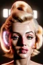 Placeholder: Ultra Realistic image, portrait, blonde woman, sweet Marylin Monroe face, perfect iris, glow eyes, gold makeup, wires attached to head. Steampunk style, latex coat, fog, rain, soft color, highly detailed, unreal engine 5, ray tracing, RTX, lumen lighting, ultra detail, volumetric lighting, 3d, finely drawn, high definition, high resolution.