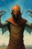 Placeholder: The hooded giant man who has a face looks like an ant. Open his arms and look at the sky .Busch painting style
