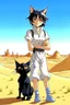 Placeholder: Meryl Stryfe Trigun young girl short black hair anime white clothes standing in the desert with a cat in her arms