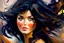 Placeholder: an irresistibly adorable image of a whimsical brunette woman creature with black hair and hazel eyes. Envision a charming being with fluffy, onyx-colored fur or hair that frames its endearing face. in the blowing wind Leonid Afremov