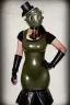 Placeholder: Steam-punk style random-mask. Large fencing mask covers chin and cheeks. Brainless girls. Reflective surface on face, full coverage, reflective. Camera lenses as eyes. Head full of integrated old-fashioned cameras and phone. Army green surfaces body, latex. Perfect body, thick thighs and calves. Asa Akira. SElfie. Wide hip, skirt bleats nicely. Partly symmetrical. Straitjacket. Hyperboloid background. Steam-plunge air-bottles. Euclidean 3D-tiling walls. surrealistic atmosphere